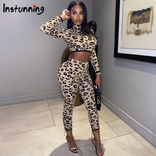 Instunning Leopard Print Sexy Two Piece Set Women Turtleneck Long Sleeve Crop Top Womens Pants Trousers Autumn Streetwear Sets