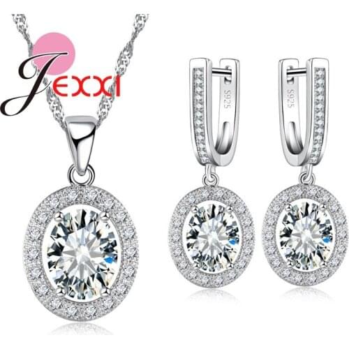 Big Oval Rhinestone Crystal Pendant Necklace Earrings Luxury Woman Wedding Jewelry Set Stainless 925 Sterling Silver