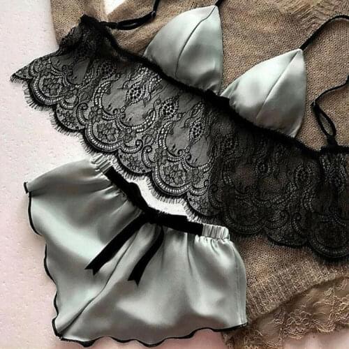 2PCS Women Pajama Sets Sexy Lingerie Underwear Silk Satin Pajamas Crop Tops Bra+Shorts Sets Sexy V-Neck Sleeveless Nightwear