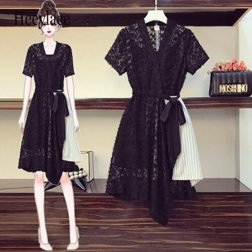 4XL Plus size women deep v neck lace dress black hollow out mesh patchwork dress office ladies irregular split 2 piece dress