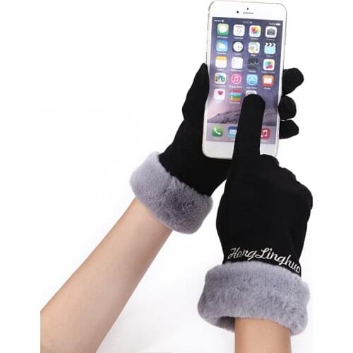 Winter Female English Alphabet Plush Wrist Warm Cashmere Full Finger Mittens Women Suede Leather Touch Screen Driving Gloves 82D