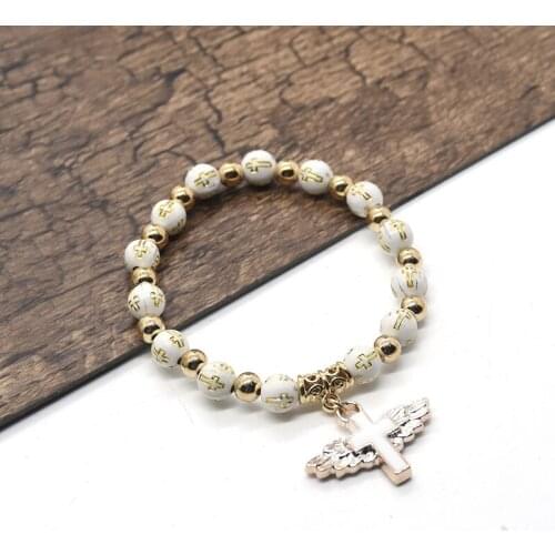 Gold Cross Beaded Angel Bracelet Religion Christian Catholic Bracelets for Women First Confirmation Church Prayer Jewelry
