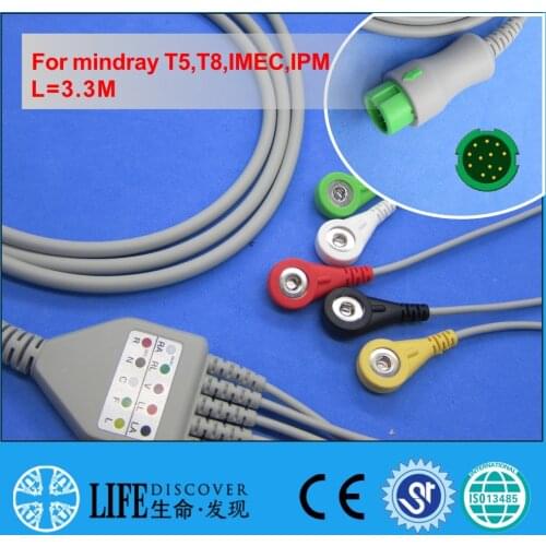 One piece ECG cable with 5 snap lead wires for mindray T5,T8,IMEC,IPM patient monitor