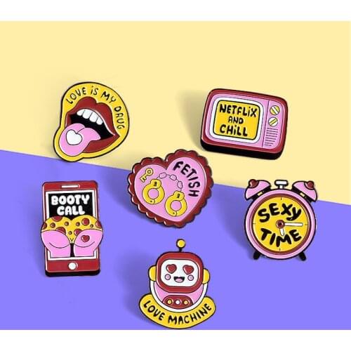 Pink series Enamel Pins Cartoon Sexy Red lips heart Television alarm clock mobile phone Brooches Shirt Backpack For Kids Gift