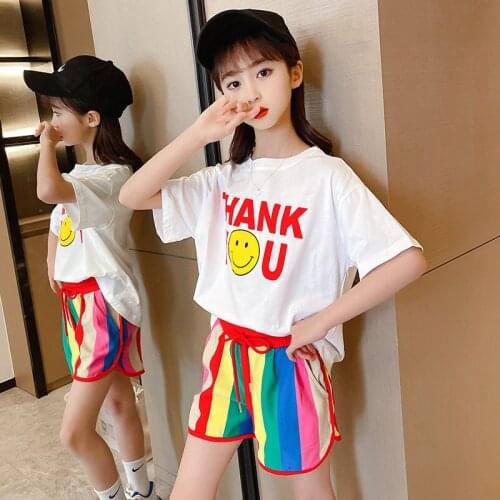 Childrens Clothing Girls Summer Cool Thin Letter Print T-Shirt And Rainbow Striped Shorts Costumes Teenage Cotton Suits 4-13Yrs