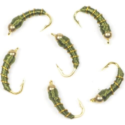 ICERIO Brass Bead HeadFly Tying Zebra Midge nymph Bugs for Trout Bream Blue Gill Fly Fishing Size #14 Color olive and black