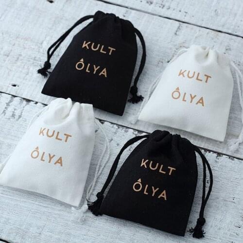 Personalized Cotton Canvas Jewelry Gift Packaging Pouches Black Drawstring Bag Chic Wedding Party Favor Bags Custom Logo Print