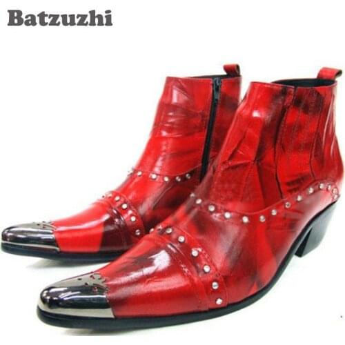 ITALY Style Fashion Man Boots Leather Boots Men Pointed Metal Toe Military Men Ankle Boots Party Black/Red, Size US12