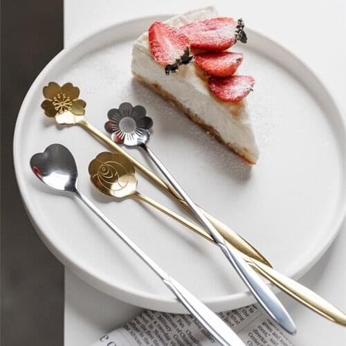 Tea Coffee Mixing Spoon Gold Spoon Long Handle Dessert Stainless Steel Vintage Teaspoons Drink Tableware Flowers Design