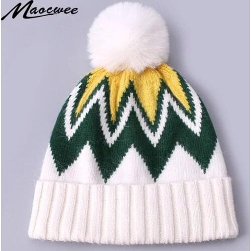 Autumn Winter Wool Beanie Hat With Faux Fur Pompon Outdoor Thick Warm Christmas Hat Fashion Women Knitted Soft Silk Bonnet Caps