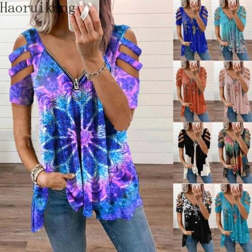 Sexy Women V Neck Zipper Short Sleeve Top Summer Printed Hollow Out T Shirt Plus Size Off Shoulder Loose Shirts