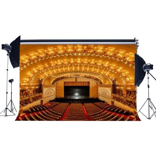 Luxurious Conference Hall Backdrop Elegant Cinema Theatre Golden Shining Stage Lights Interior Photography Background