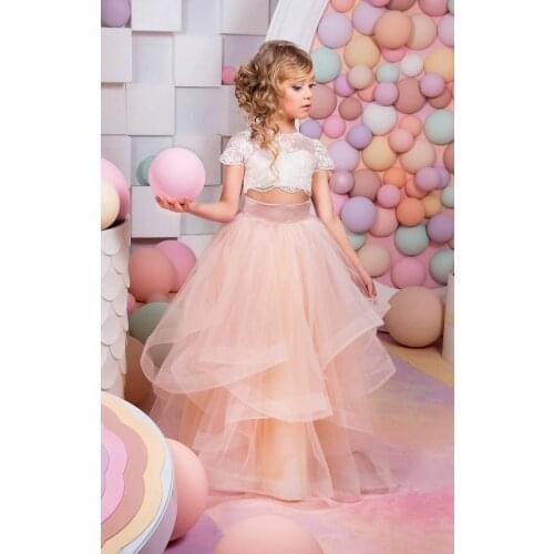 Pink Two Piece Girls Pageant Dress Birthday Party New Year Dress with Lace for 5 6 7 8 9 10 Years