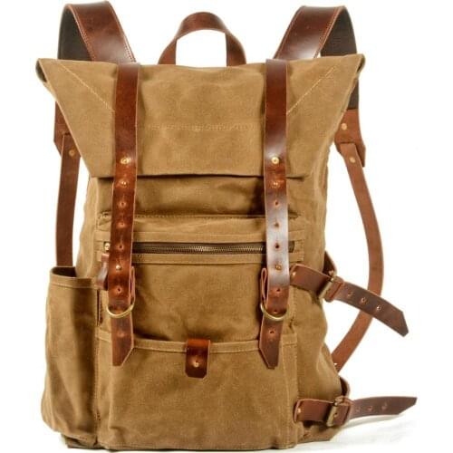 Handwork Vintage Backpack Men Large School Bags For Youth America Style Waxed Crazy Horse Leather Outdoor Travel Hiking Backpack