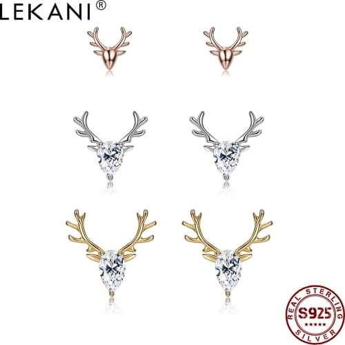LEKANI 925 Sterling Silver Cute Christmas Elk Stud Earrings For Women 3 Colors Shiny Cubic Zirconia Earring Original Jewelry