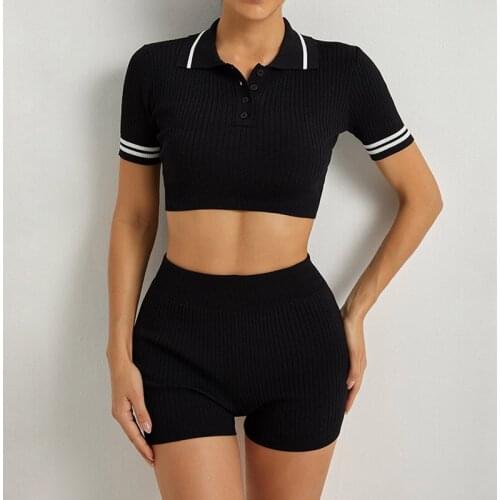 Hirigin Workout Fitness Tracksuits Yoga Set Solid Knitted Yoga Slim Crop Tops+High Waist Shorts Female Active Wear Sportswear