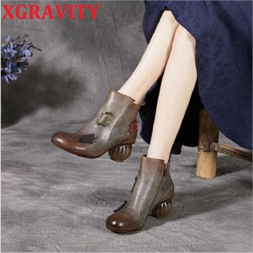 XGRAVITY 2021 Ball Heel Ladies Boots Short Boots Zip Mix Color All Matched Lady Boots Genuine Leather Shoes Female Boots S051