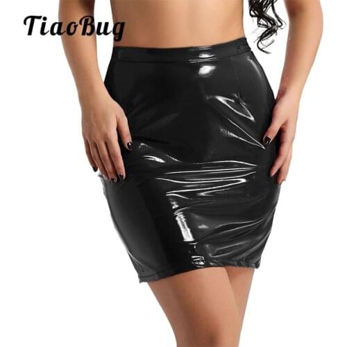 Women Shiny Wetlook PU Leather Skirt Sexy Ladies Bodycon High Waist Slim Hip Pencil Miniskirts Party Pole Dance Costume Clubwear