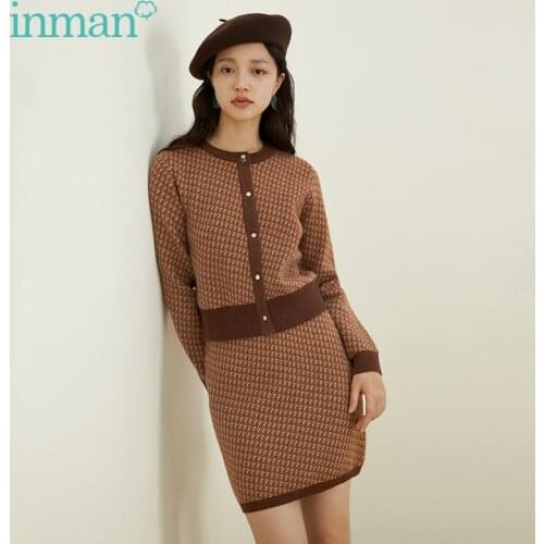 INMAN Winter Knitted Suit Women Vitage Elegant Style Color Contrast Round Collar Jacquard Female Top and Skirt