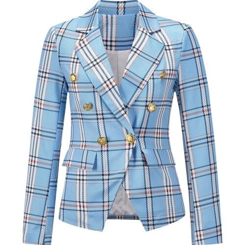 Women Blazer Coat 2021 New Autumn Plaid Print Double-Breasted Long Sleeve Slim Ladies Office Blazers Vintage Casual Suit Jackets