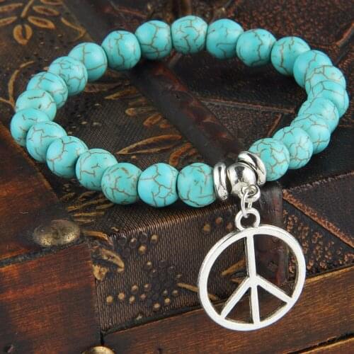 12PC/Lot Fashion Peace Sign Charms Bracelet Natural Stone Beads Peace Symbol Bangle Women Men BFF Friend Jewelry Gifts Wristband