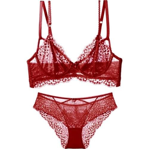2021 New Red Womens Lace Bra And Panty Set Plus Size Transparent Ultra Thin Women Underwear Female Bras Sexy Lingerie Sets Pink
