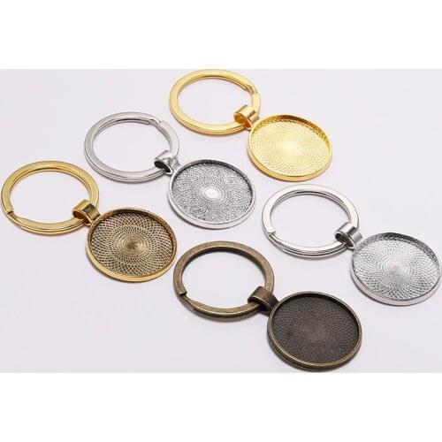 5pcs Keychain With Pendant Bezel Blank Fit 30mm Cameo Glass Cabochon Base Setting DIY Keychain Key ring Supplies For Jewelry