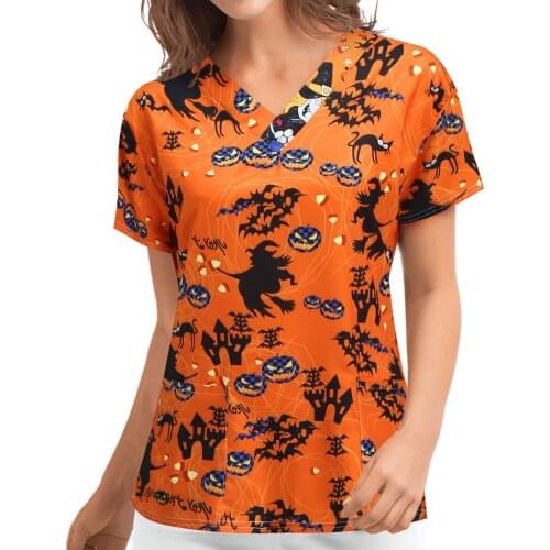 Hospital Halloween Women Pumpkin Pattern Nurse Uniform Blouse Short Sleeve Printed Working Nursing Scrubs Tops Gorro Enfermera