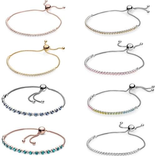 2020 NEW 100% 925 Sterling Silver Rose Turquoise Sparkling Slider Tennis Bracelet Fit DIY Women Original Fashion Jewelry Gift