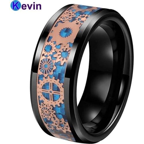 Black Wedding Band Tungsten Ring 8MM With Rose Gold Mechanical Gear Wheel Blue Carbon Fiber Inlay Beveled Edges Comfort Fit