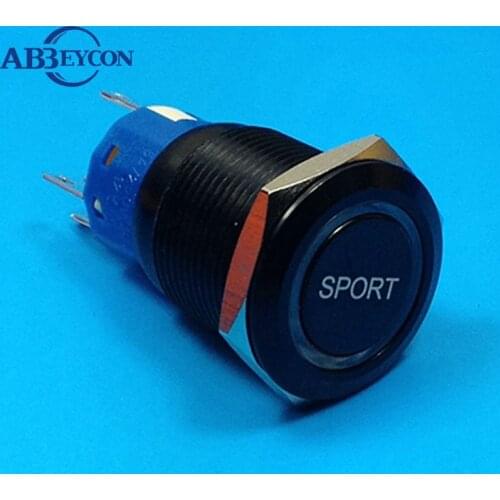 19mm Black Anodized Housing Flat Momentary 12V Angel Eye Ring LED SPORTS Logo Words Symbol Printed Llight Push Button Switch
