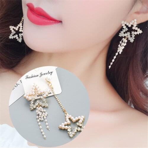CRLEY Brand New 10cm Long Simulated Pearl Star Drop Earrings Pearl Beads Pendant Tassel Dangle Hanging Asymmetrical Jewelry
