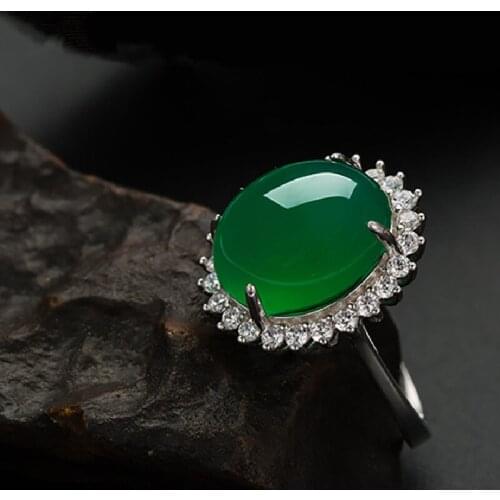 Ethnic Style Silver Plated Natural Green Chalcedony Ring Female Opening Ring Mothers Day Birthday Gift