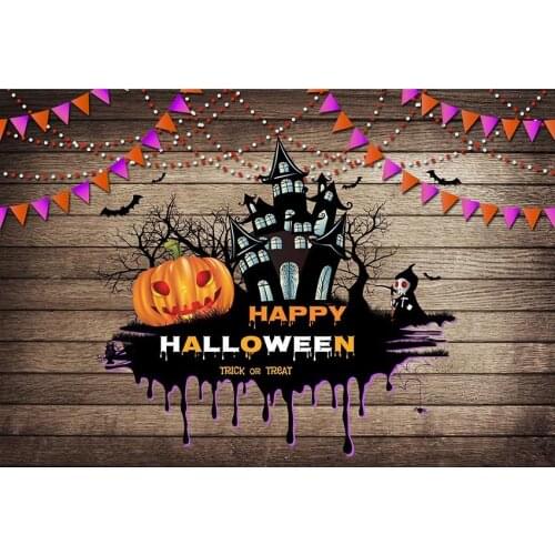 Retro Horizontal Plank Photography Background Pink And Red Flags And Spots Castle In The Dark Forest With Pumpkin Backdrop