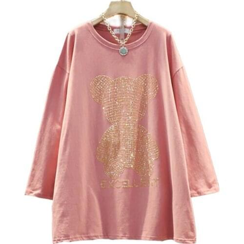 Large Size Women T Shirt Summer New Korean Fashion Hot Drill Bear Long Sleeve Pregnant Pink Tops Loose