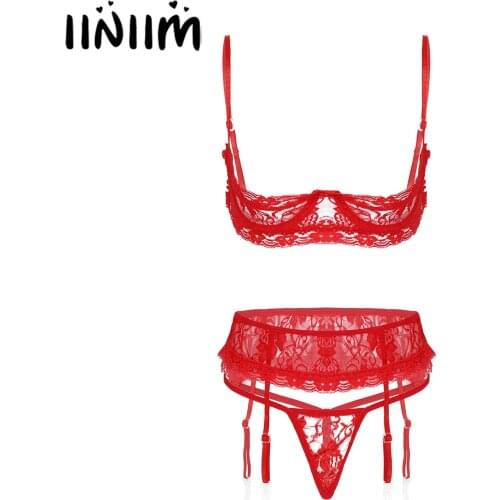 Iiniim Womens Sexy Lingerie Sets See-Through Lace Exotic Porno Open Cup Underwired Bra with G-String Panties Underwear Garter
