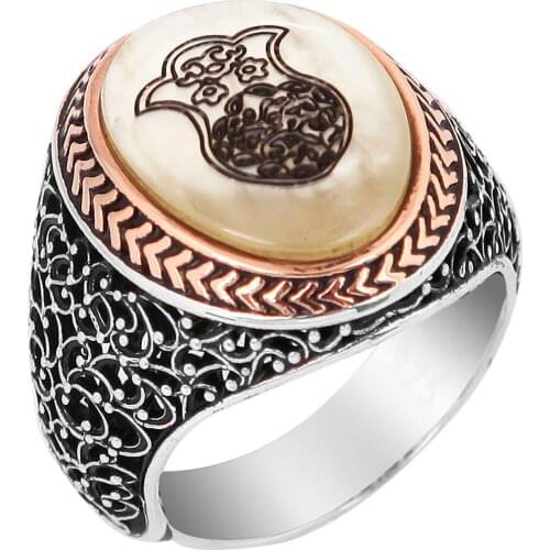 925 Sterling Silver Ring For Men Natural Mother-Of-Pear Patterned Stamped Pure Silver 7 Variations High Quality Turkish Jewelry