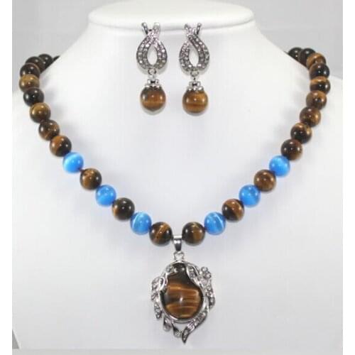 Tigers Eye Natural stone pendant necklace Earring Set 18