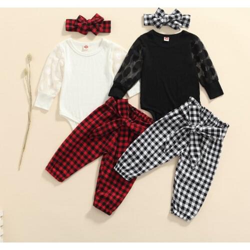 Baby Girl’s Tops and Trousers Suit Fresh Solid Color Long Sleeve Romper and Plaid Long Pants with Headband