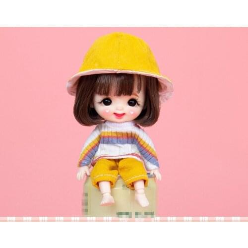 OB11 doll dress fashion round collar striped sweater + simple joker pants + yellow fisherman hat new three-piece set