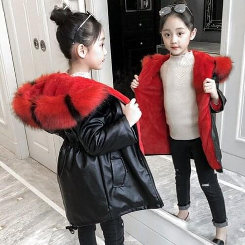 Children Winter Velvet Jacket Waterproof Parka Outerwear Hooded Coat For Girls Outwear Pu Leather Snowsuit Windbreaker 4-13Years