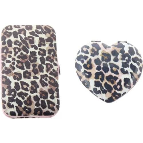 6 in 1 Soft Cover Leopard Manicure Set And Makeup Mirror For Women Men Girl Boy Holiday Birthday Christmas Gift Present