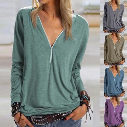 Fashion Women Autumn Solid Color Zipper Neckline V Neck Top Pullover Womens Clothing женские футболки mujer camisetas