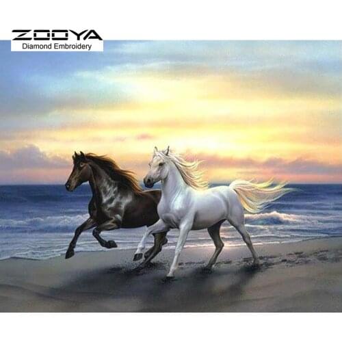 NEW 3D Diamond Painting Cross Stitch Two Horses Beach Run Crystal Needlework Diamond Embroidery Full Diamond Decorative BJ531