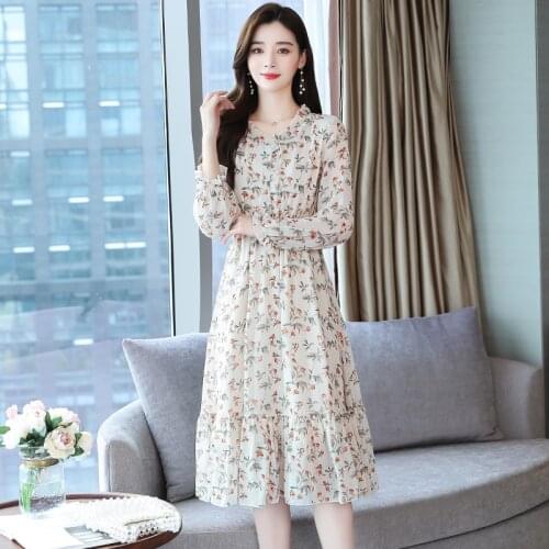 New Women Casual Autumn Dress Korean Style Vintage Floral Printed Chiffon Shirt Dress Long Sleeve Bow Midi Summer Dress Vestido