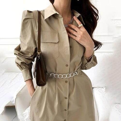 Safari Style Autumn Retro Khaki Lapel Single-breasted Metal Chain Sashes Shirt Dress Puff Long Sleeve Waist Maxi Vestido Mujer