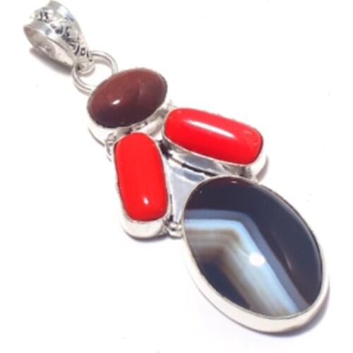 Genuine Botswana Agate + Coral Pendant Silver Overlay over Copper , Hand made Women Jewelry Gift