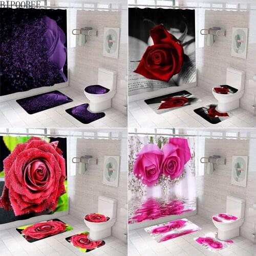 Purple Rose Fabric Shower Curtain Waterproof Bathroom Curtains Toilet Lid Cover Non-Slip Carpet Bath Mats Rugs Home Decor