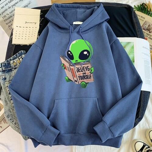 Green Alien Prints Believe In Yourself Streetwear Men Crewneck Autumn Hoody Pattern Fleece Hoodies Harajuku Crewneck Clothing