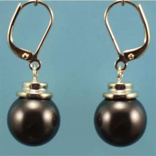 Womens fashion simple gold plated 12 mm dark brown shell pearl Round Earrings